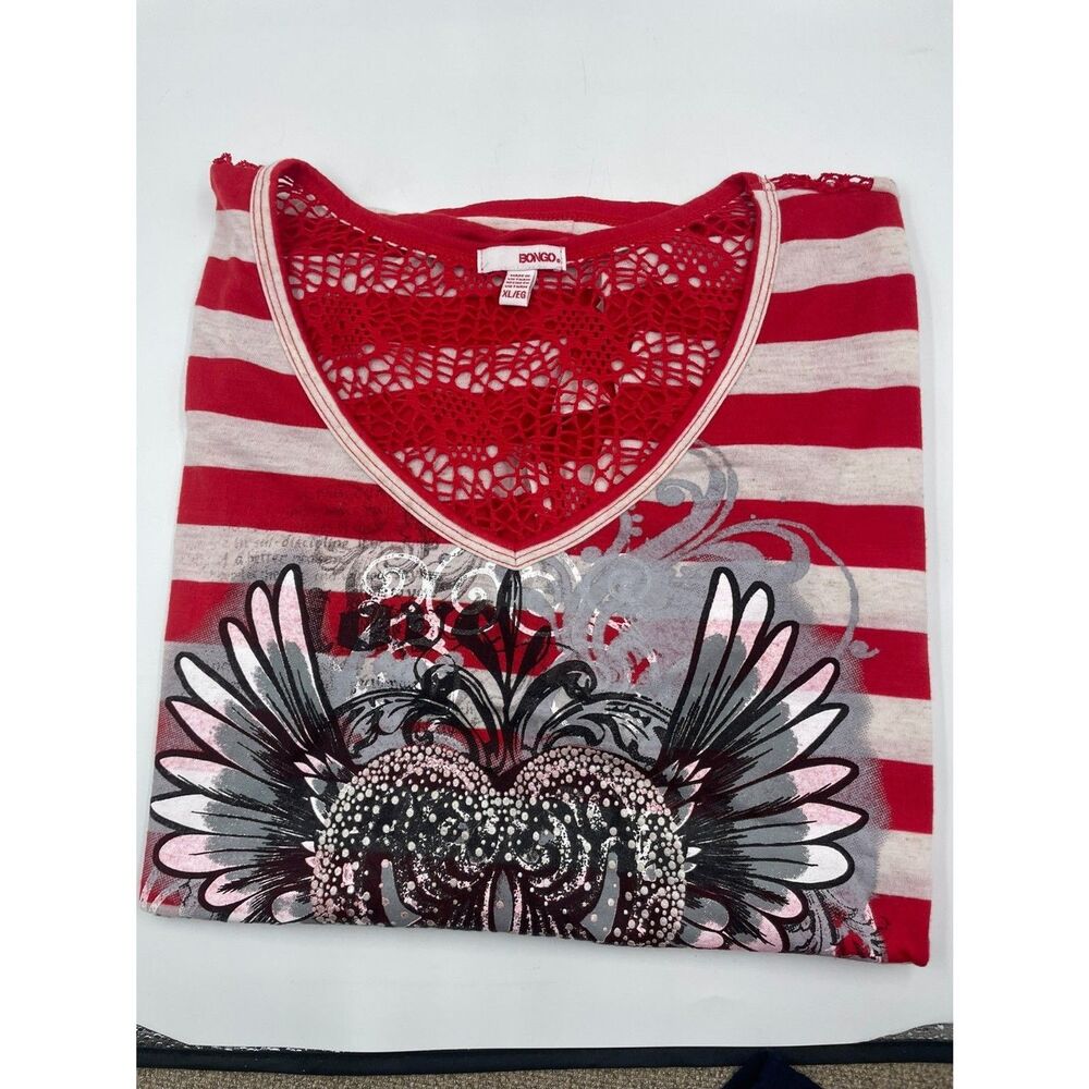 Bongo XL Y2K Grunge Red & White Horizontal Striped Angel Wing Graphic T-Shirt